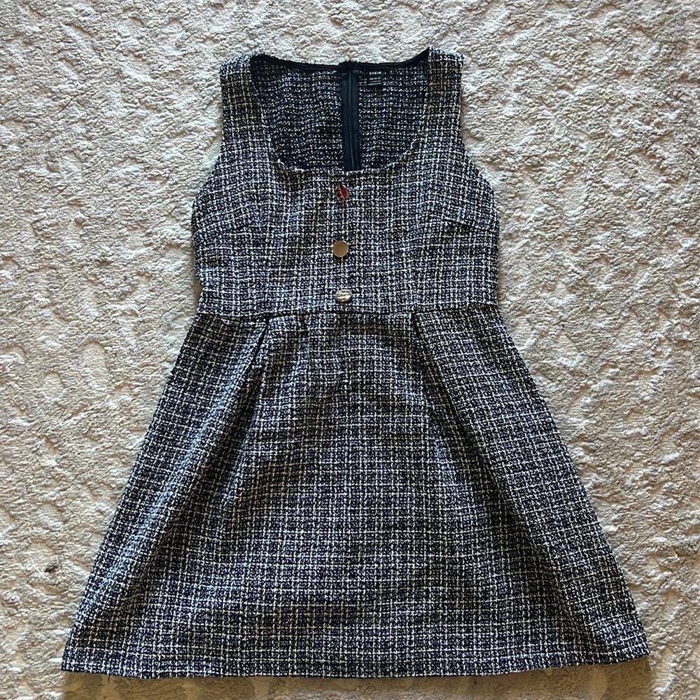 SHEIN Privé Tweed Pleated Mini Overall Dress Without Blouse